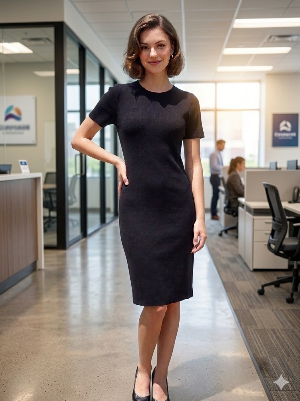 EUC Misook Black Short-Sleeve Midi Sheath Dress XS Petite